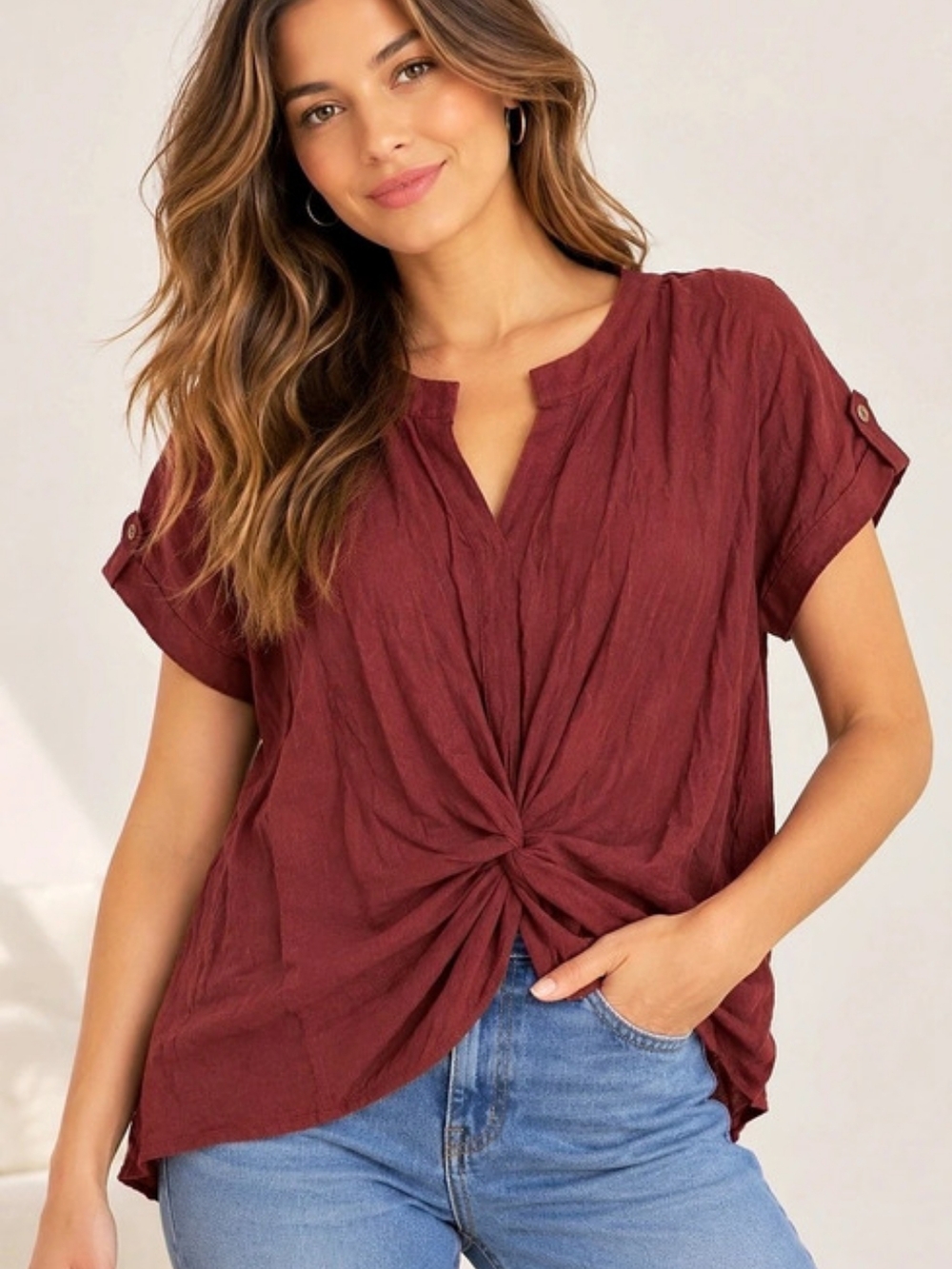 Lily White Burgundy Knot Front Blouse Size XL NWT
